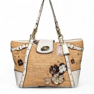 Coach Straw Floral Appliqué Tote Natalie Hampton 16763 Ivory Grey Stud Leather